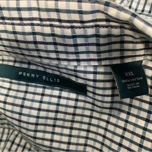 Perry Ellis Men's XXL Blue Green and White Checkered Button Down Cotton Shirt